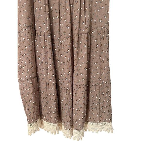 Sacred Threads Dress Size ML Brown Sleeveless Floral Crochet Trim Knee Length - Picture 3 of 11